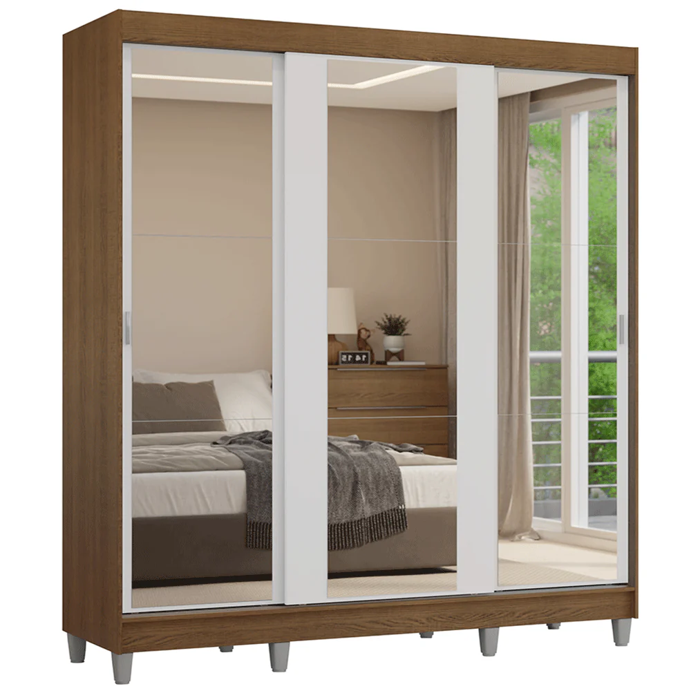 Armario matrimonial con patas, 3 puertas correderas con espejo, Marrón/Blanco Reno - Image 3