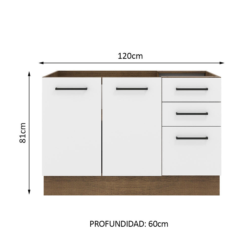 Bajo Mesada Cocina 120 cm x 60 cm, 3 Cajones 2 Puertas Agata Marrón/Blanco - Image 2