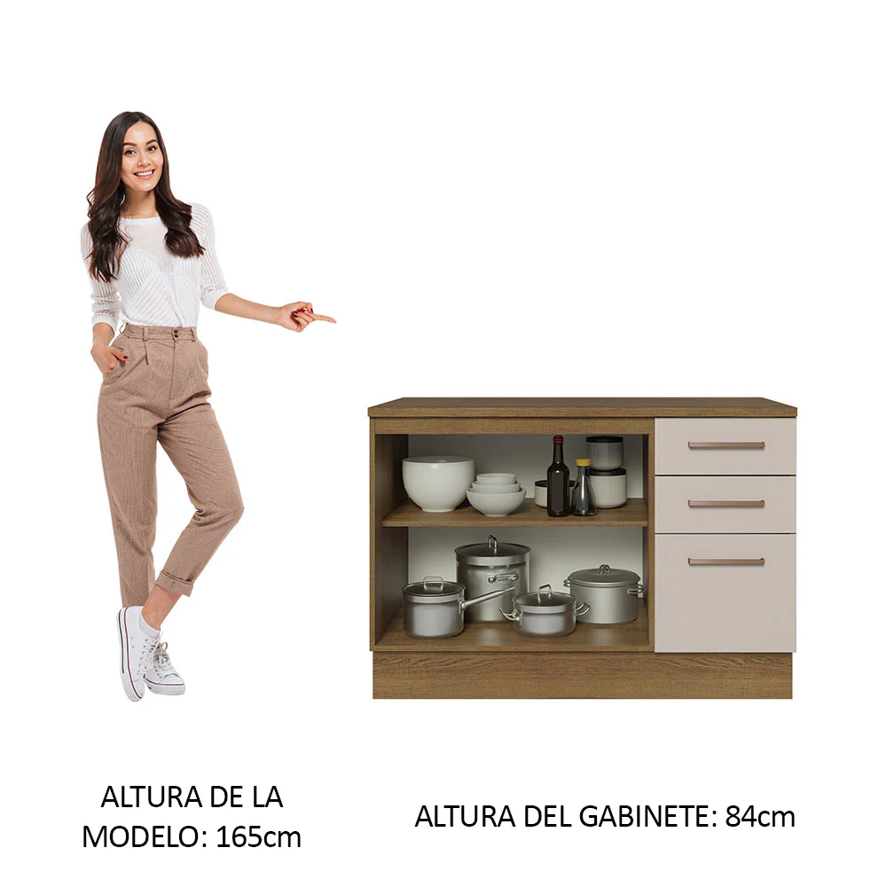 Bajo Mesada Cocina 120 cm x 60 cm, 3 Cajones 2 Puertas Agata Marrón/Crema - Image 4