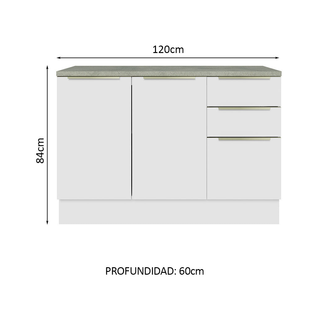 Bajo Mesada Cocina 120 cm x 60 cm, 3 Cajones 2 Puertas Lux Blanco/Blanco - Image 2