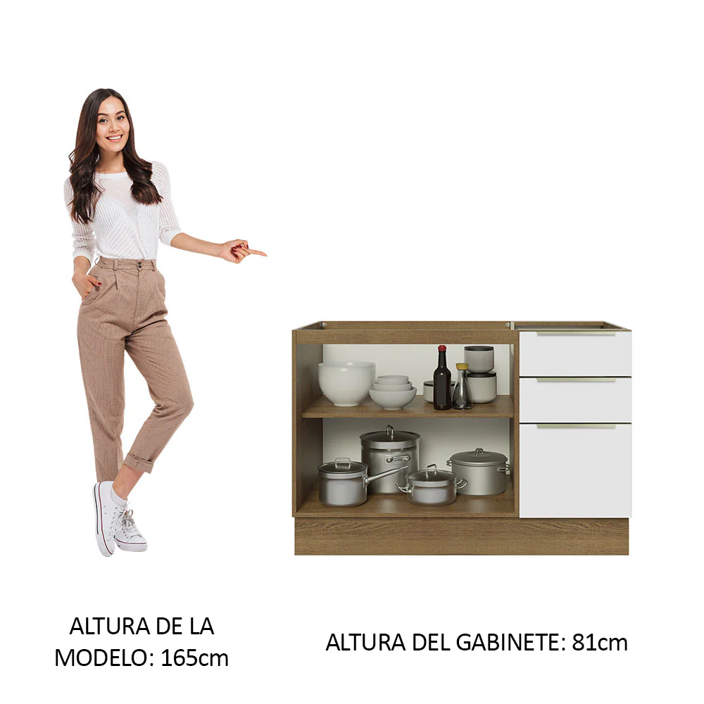 Bajo Mesada Cocina 120 cm x 60 cm, 3 Cajones 2 Puertas Lux Marrón/Blanco - Image 4