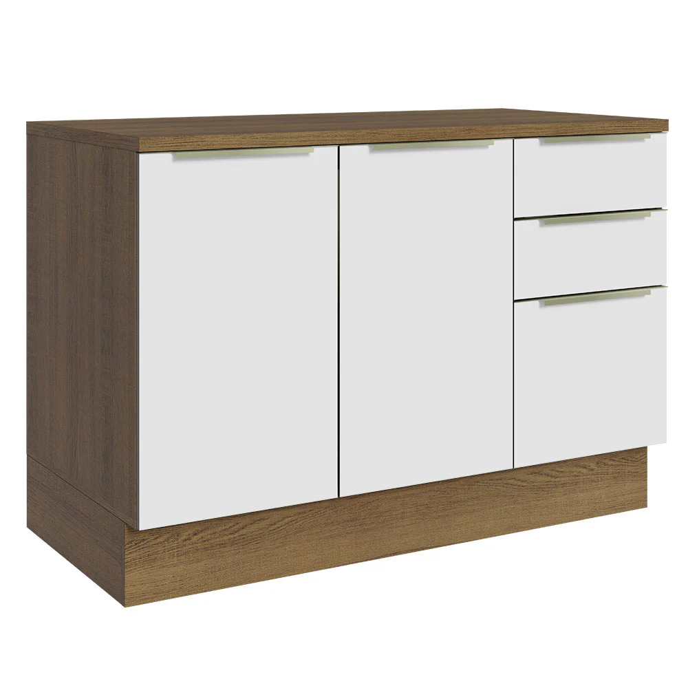 Bajo Mesada Cocina 120 cm x 60 cm, 3 Cajones 2 Puertas Lux Marrón/Blanco