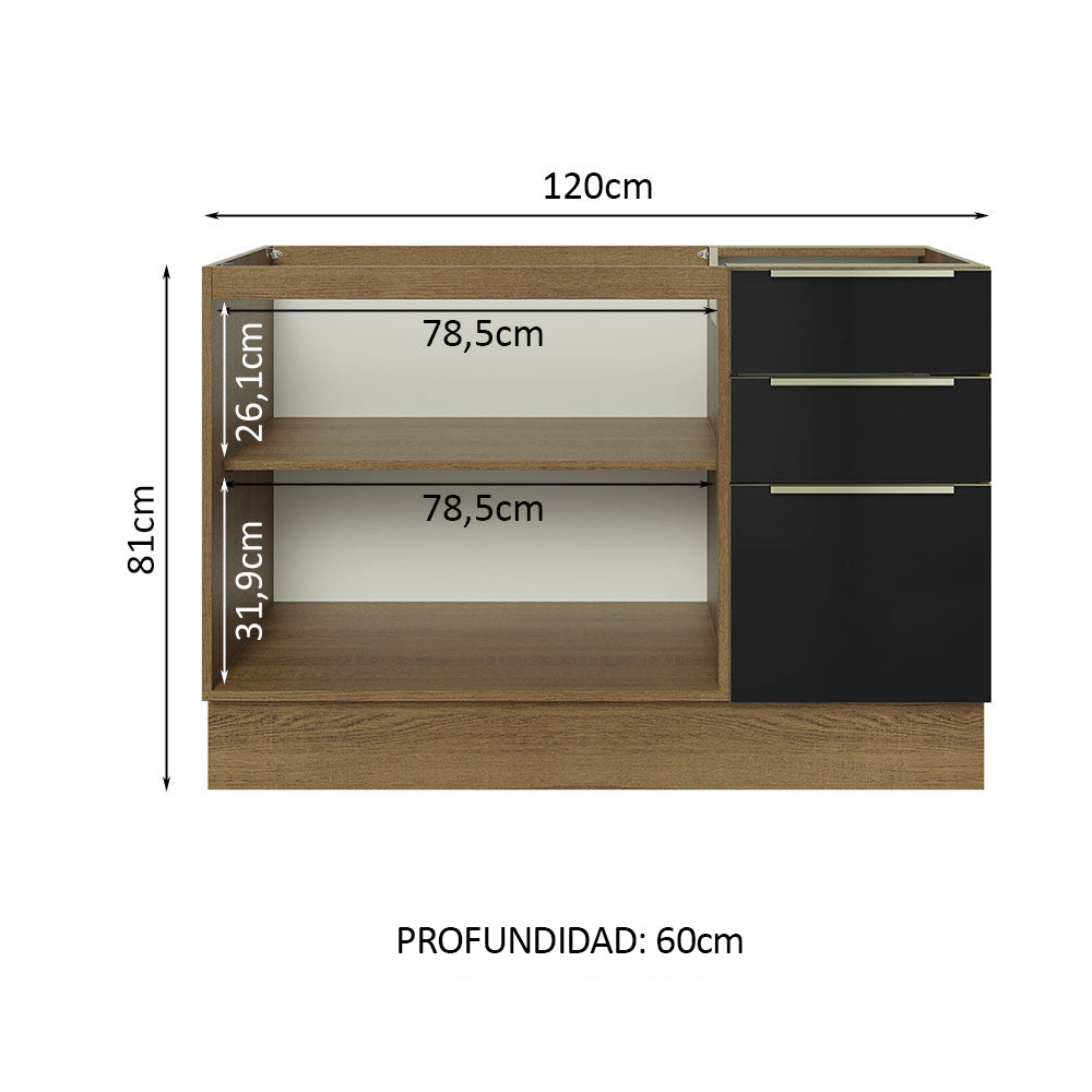 Bajo Mesada Cocina 120 cm x 60 cm, 3 Cajones 2 Puertas Lux Marrón/Negro - Image 3