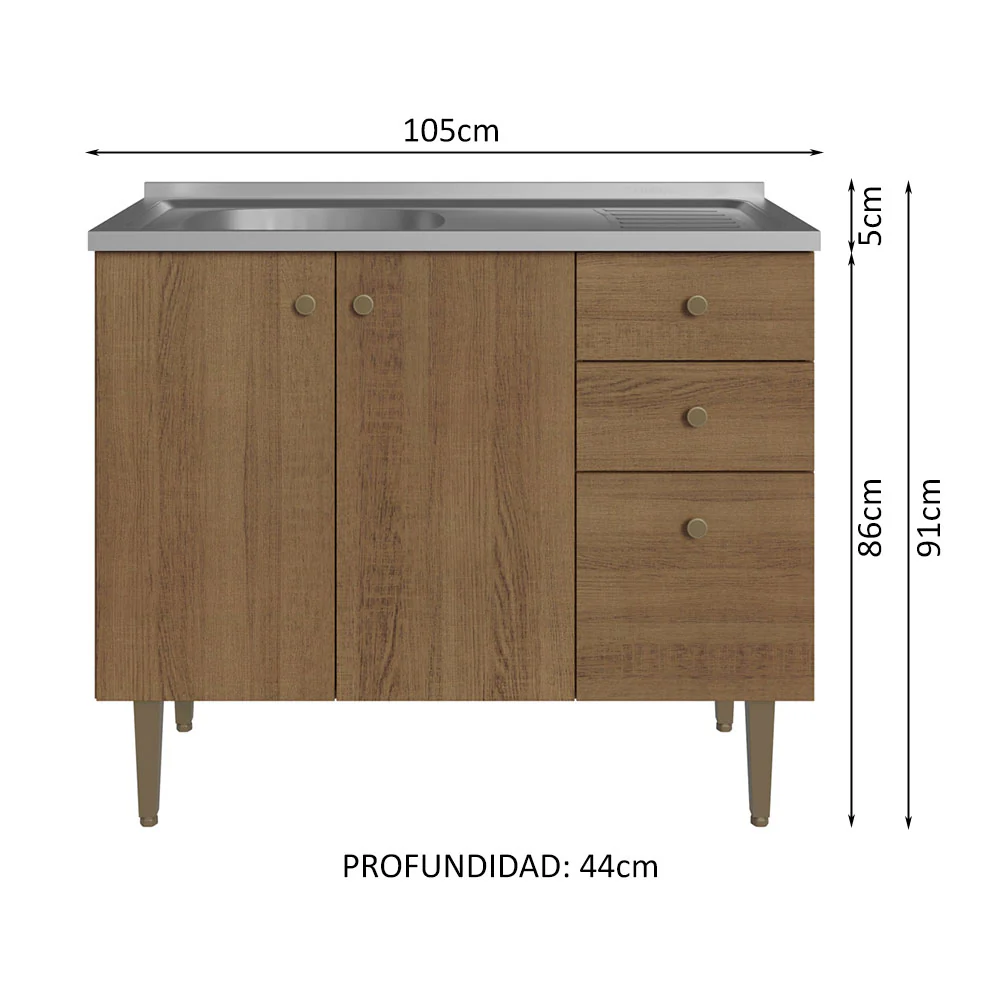 Bajo Mesada 3 Puertas y 2 Cajones 105cm con Bacha Marrón Gourmet - Image 2