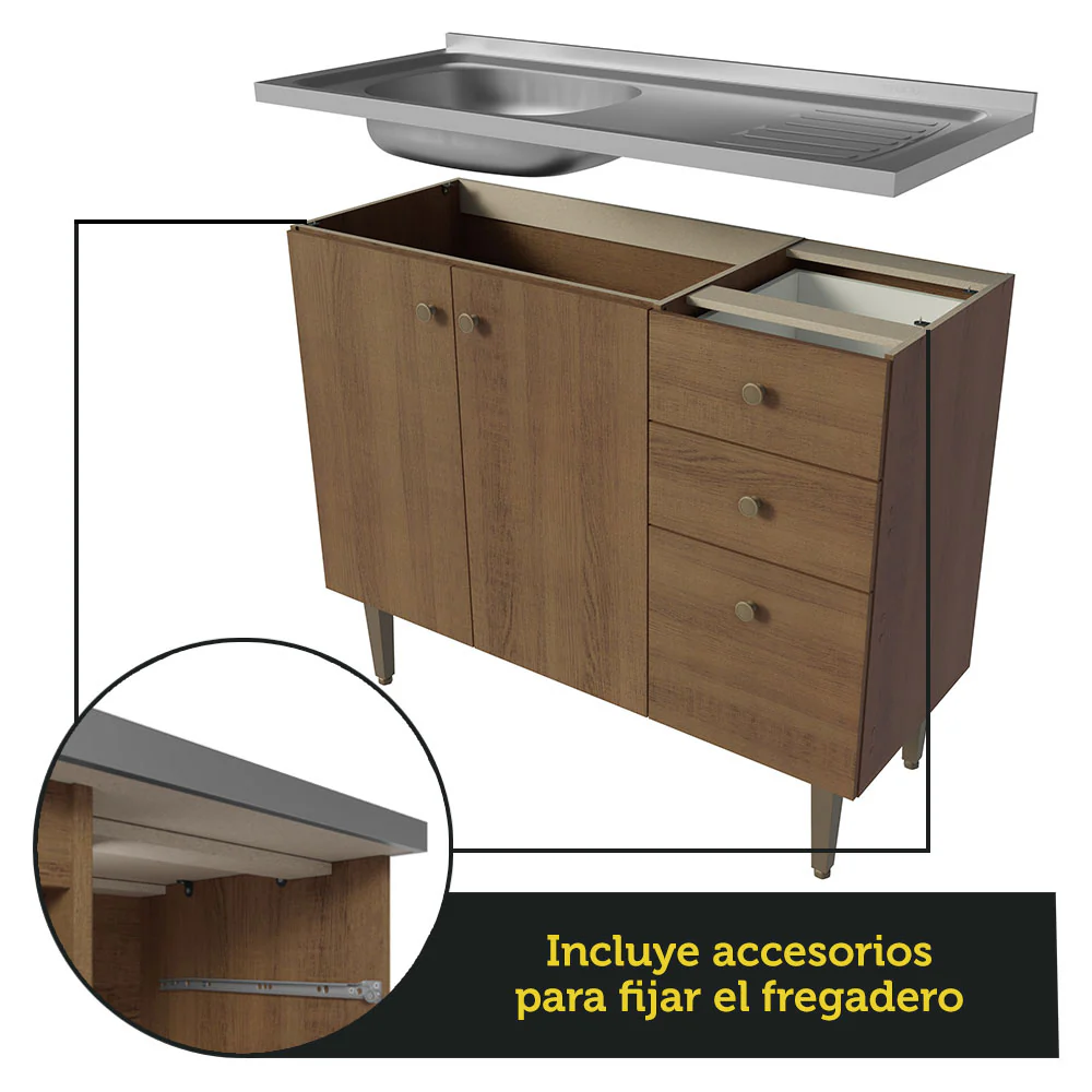 Bajo Mesada 3 Puertas y 2 Cajones 105cm con Bacha Marrón Gourmet - Image 9