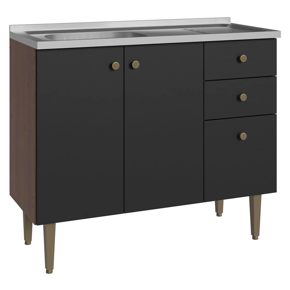 Bajo Mesada 3 Puertas y 2 Cajones 105cm con Bacha Marrón/Negro Gourmet