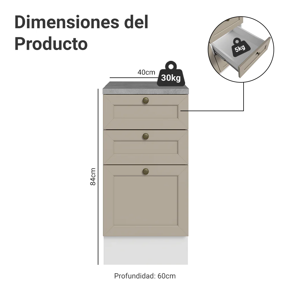 Bajo Mesada 40 x 60 cm 3 Cajones (Con Mesada) Blanco/Crema Vik Madesa - Image 2
