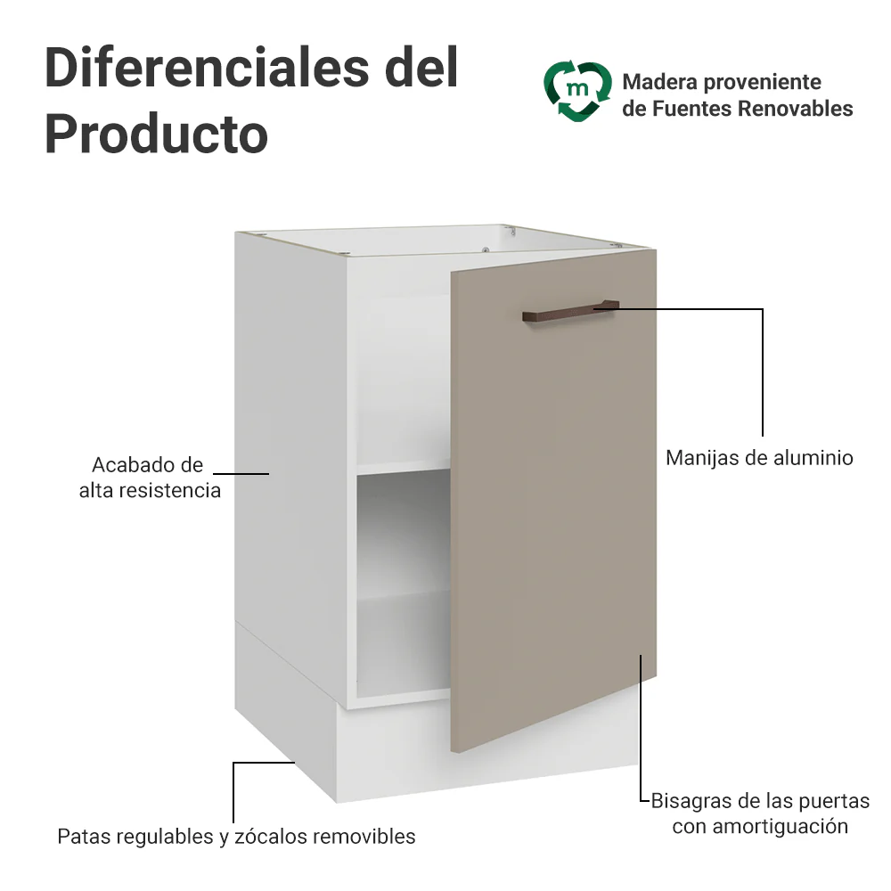 Bajo Mesada 50 x 60cm 1 Puerta (Sin Mesada) Ágata Blanco/Crema - Image 3