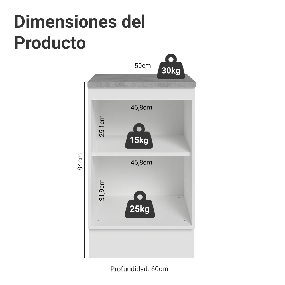 Bajo Mesada 50cm X 60 cm, 1 Puerta (Con Mesada) Blanco aterciopelado Lux Madesa - Image 2
