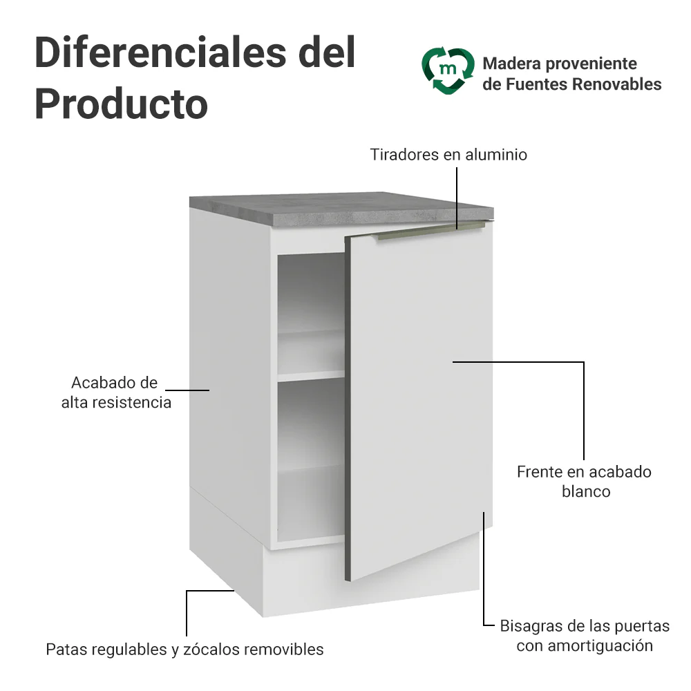 Bajo Mesada 50cm X 60 cm, 1 Puerta (Con Mesada) Blanco aterciopelado Lux Madesa - Image 3