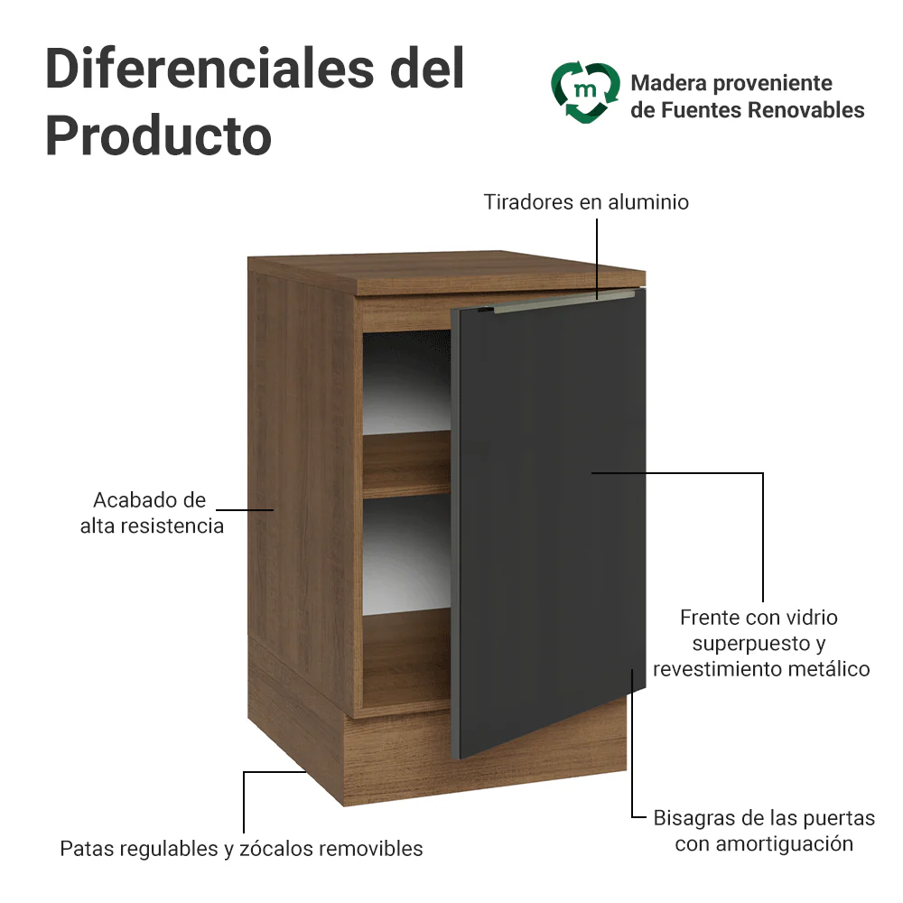 Bajo Mesada 50cm X 60 cm, 1 Puerta (Con Mesada) Marrón/Negro Lux Madesa - Image 3