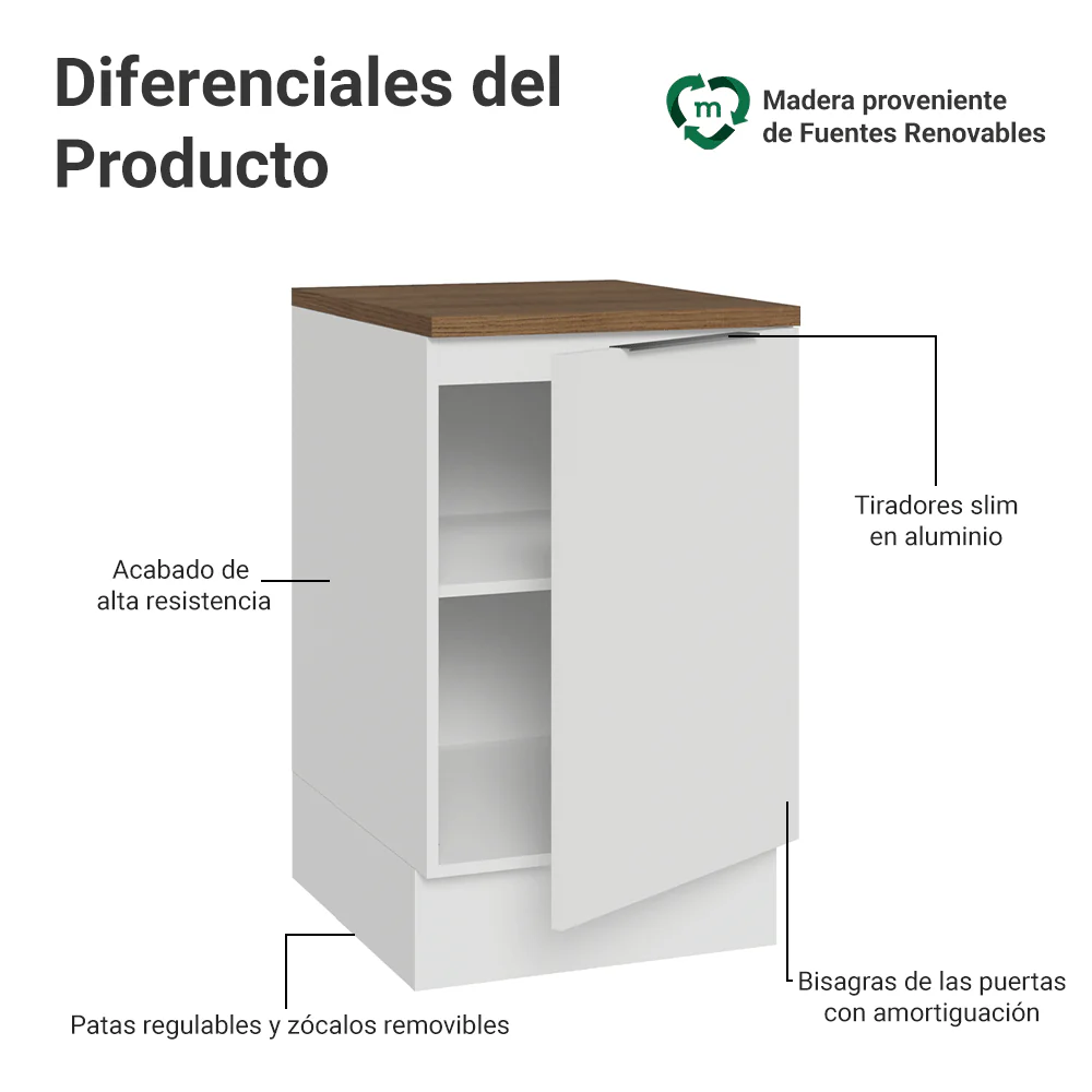 Bajo Mesada 50 x 60cm 1 Puerta (con mesada) Blanco/Marrón Stella - Image 3