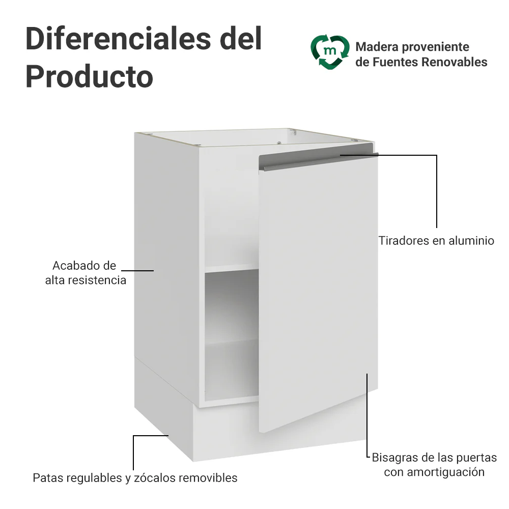 Bajo Mesada 50x60cm 1 Puerta (Sin Mesada) Blanco Glamy - Image 3
