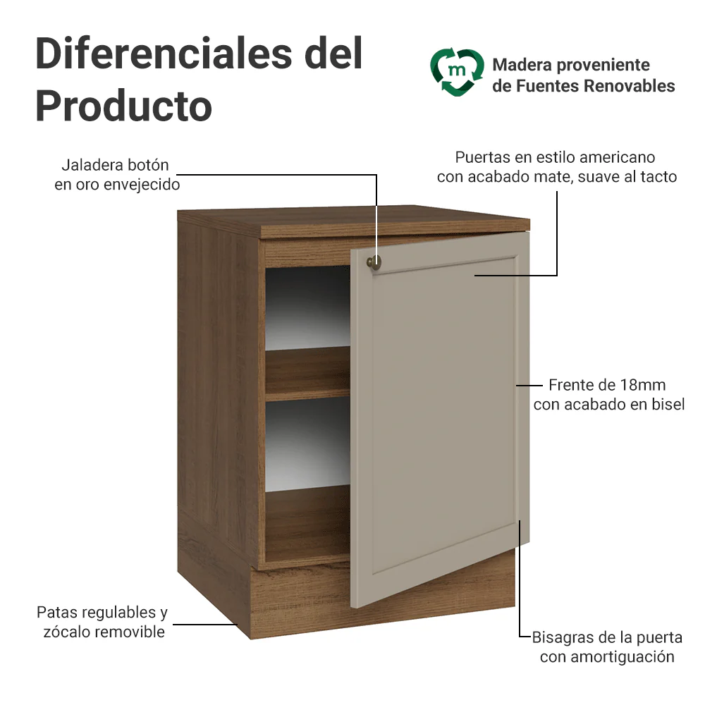 Bajo Mesada 60 x 60 cm 1 Pueta (Con Mesada) Marrón/Crema Vik Madesa - Image 3