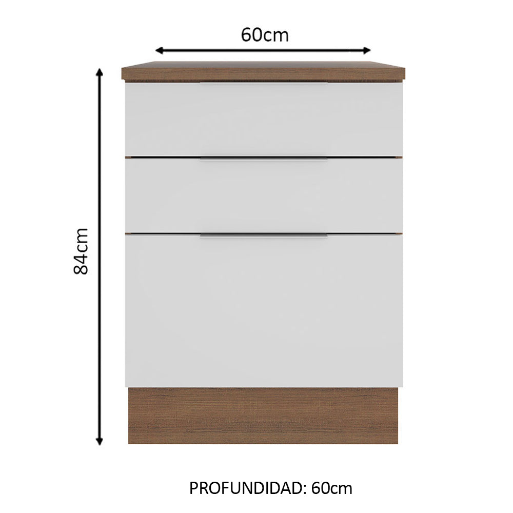 Bajo Mesada 60 x 60 cm 3 Cajones (Con Mesada) Marrón/Blanco Stella Madesa - Image 2