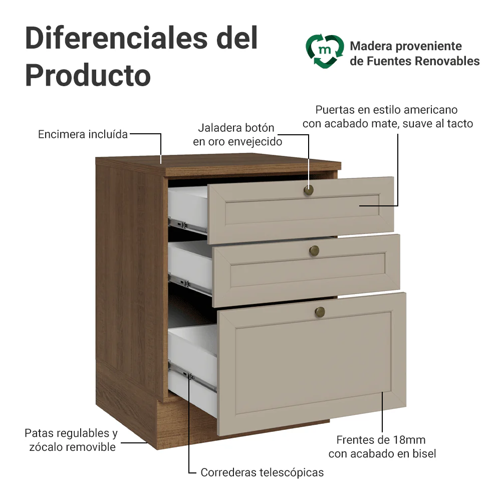 Bajo Mesada 60 x 60 cm 3 Cajones (Con Mesada) Marrón/Crema Vik Madesa - Image 3