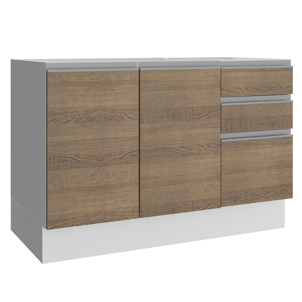 Bajo Mesada para Bacha Glamy 120 cm 2 Puertas y 3 Cajones (Sin Mesada y Bacha) Blanco/Marrón Glamy Madesa