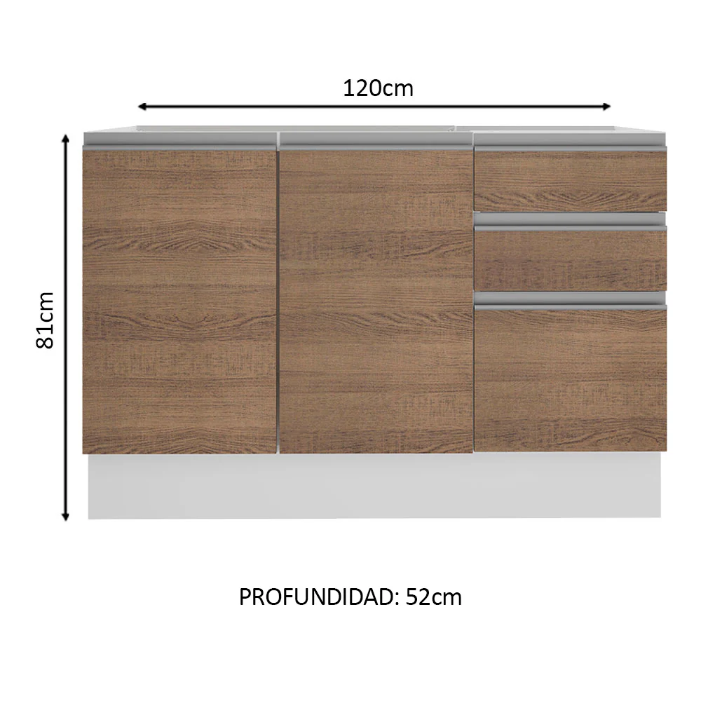 Bajo Mesada para Bacha Glamy 120 cm 2 Puertas y 3 Cajones (Sin Mesada y Bacha) Blanco/Marrón Glamy Madesa - Image 2