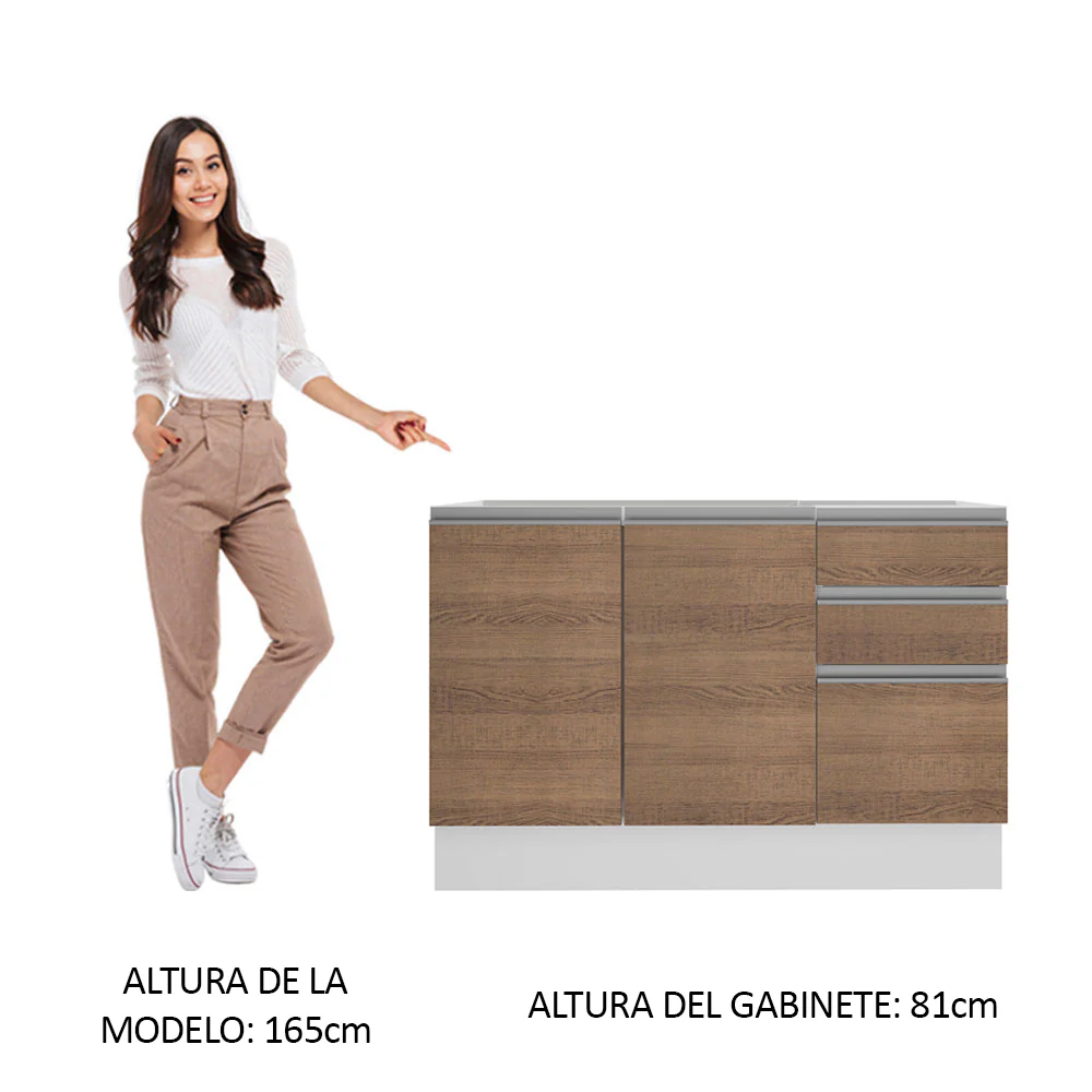 Bajo Mesada para Bacha Glamy 120 cm 2 Puertas y 3 Cajones (Sin Mesada y Bacha) Blanco/Marrón Glamy Madesa - Image 4