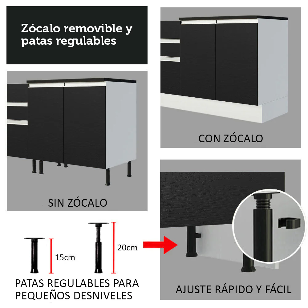 Bajo Mesada Cocina 100% MDF 120 cm 2 Puertas (Con Mesada) Blanco/Negro Acordes Madesa - Image 7