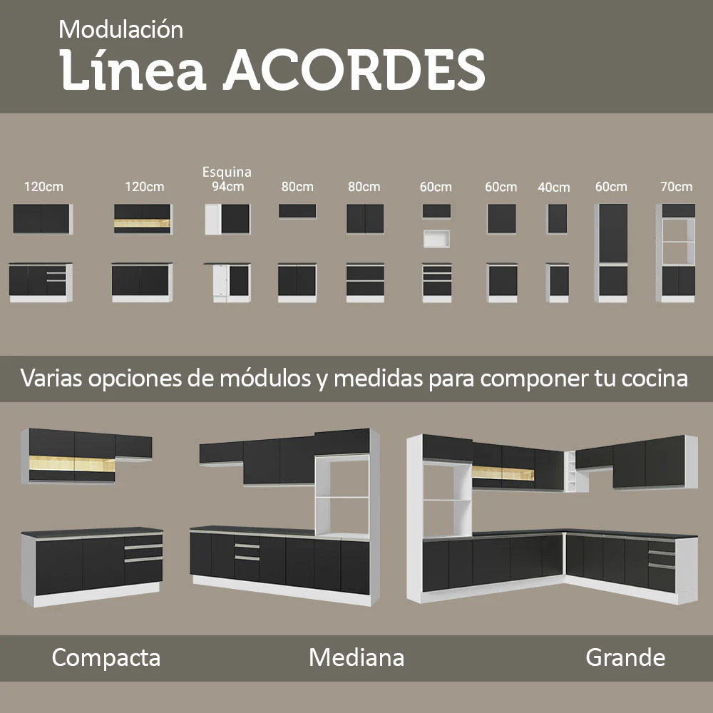 Bajo Mesada Cocina 100% MDF 120 cm 2 Puertas (Con Mesada) Blanco/Negro Acordes Madesa - Image 8