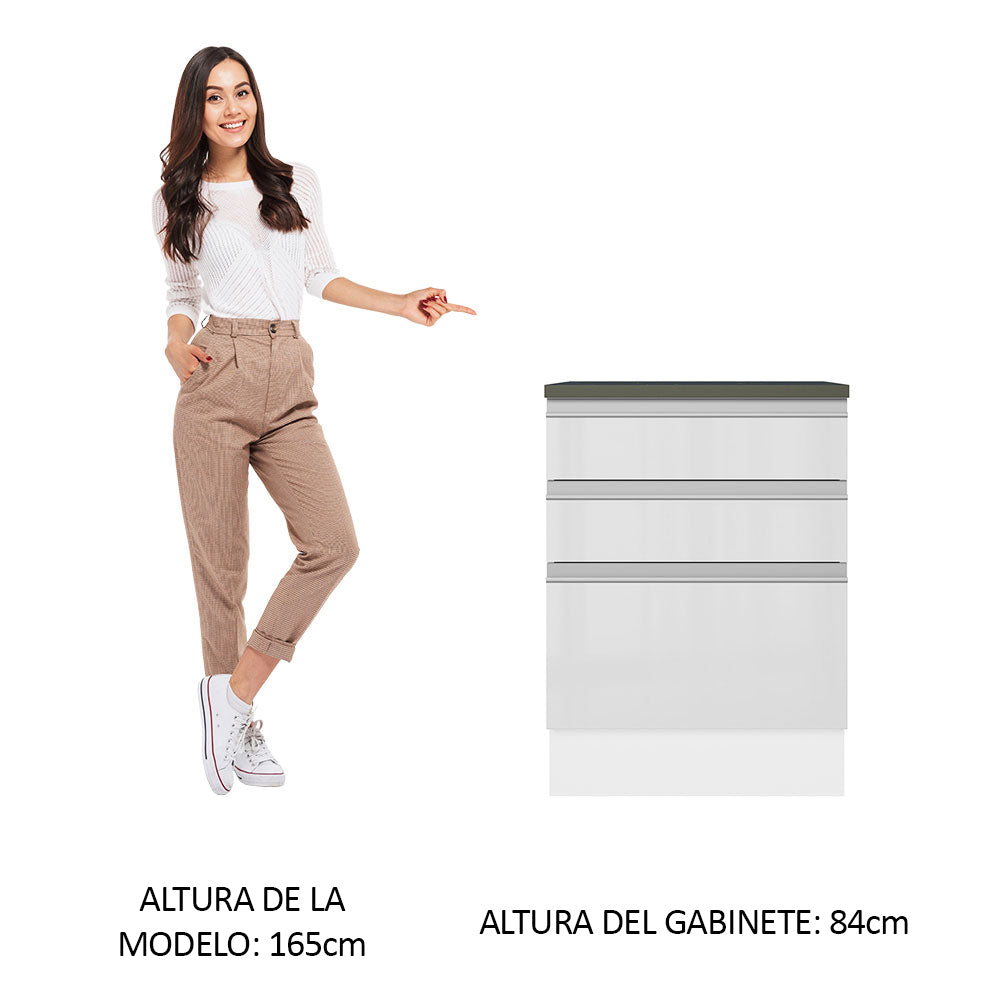 Bajo Mesada Cocina 100% MDF 60 cm 3 Cajones Frentes Blanco Brillante Acordes Madesa - Image 3