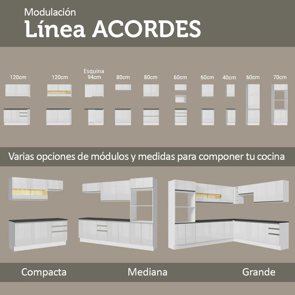 Bajo Mesada Cocina 100% MDF 60 cm 3 Cajones Frentes Blanco Brillante Acordes Madesa - Image 9