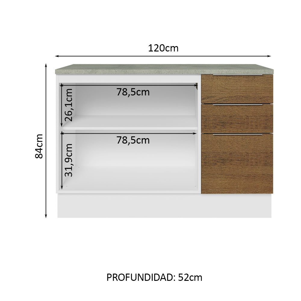 Bajo Mesada Cocina 120 cm 2 Puertas e 3 Cajones (Con Mesada) Blanco/Marrón Stella Madesa - Image 3