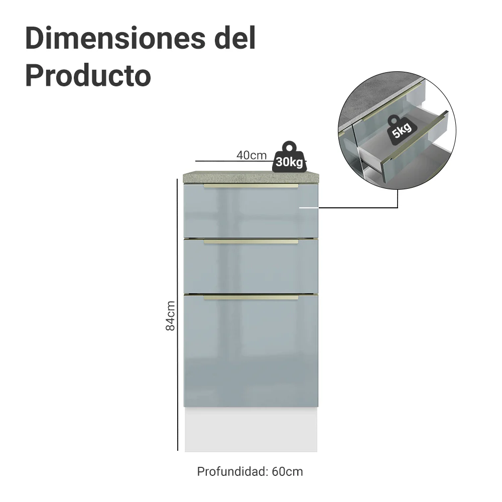 Bajo Mesada Cocina 40 x 60 cm 3 Cajones (Con Mesada) Blanco/Gris Lux Madesa - Image 2