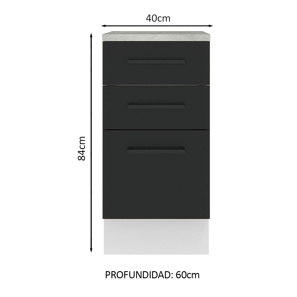 Bajo Mesada Cocina 40 x 60 cm 3 Cajones (Con Mesada) Blanco/Negro Agata Madesa - Image 2