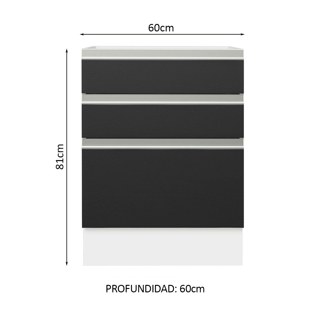 Bajo Mesada Cocina 60 x 60 cm 3 Cajones (Sin Mesada) Blanco/Negro Glamy Madesa - Image 2