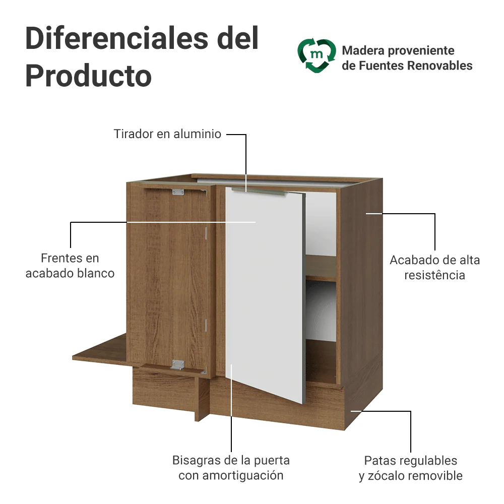 Bajo Mesada Cocina Esquinera para línea de 60 cm de Profundidad 1 Puerta (Sin Mesada) Marrón/Blanco Aterciopelado Lux Madesa - Image 3
