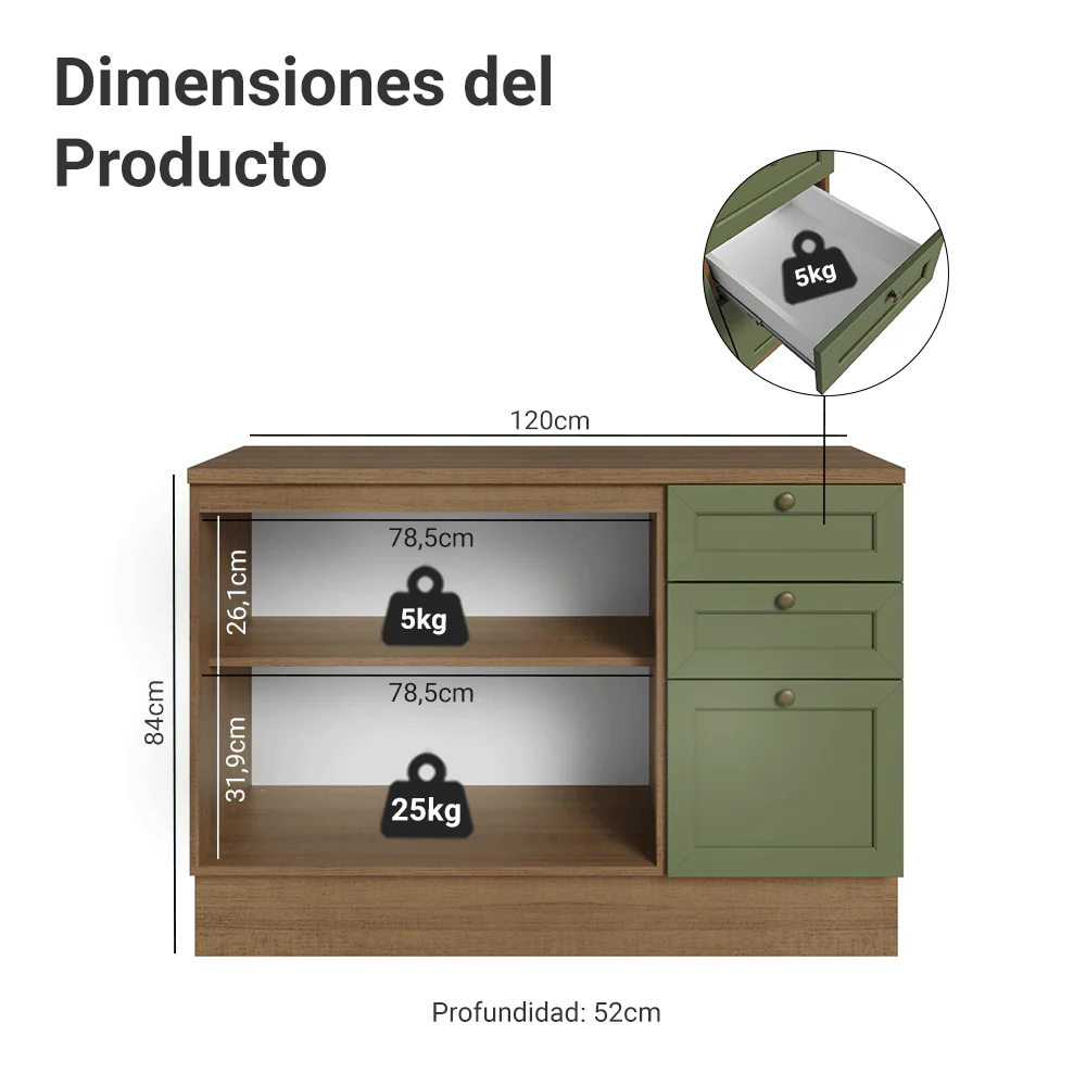 Bajo Mesada Cocina 120 cm 2 Puertas 3 Cajones (Con Mesada) Marrón/Verde Vik Madesa - Image 2