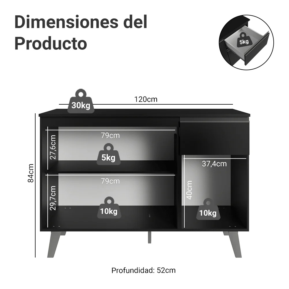 Bajo Mesada de Cocina 120 cm 3 Puertas 1 Cajón con Patas Negro Nice Madesa - Image 2