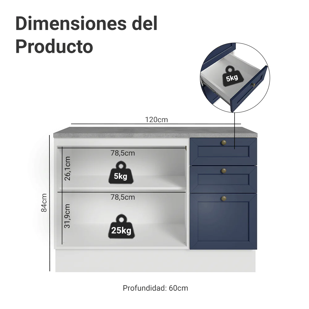 Bajo Mesada Cocina 120 x 60 cm 2 Puertas 3 Cajones (con Mesada) Blanco/Azul Vik Madesa - Image 2
