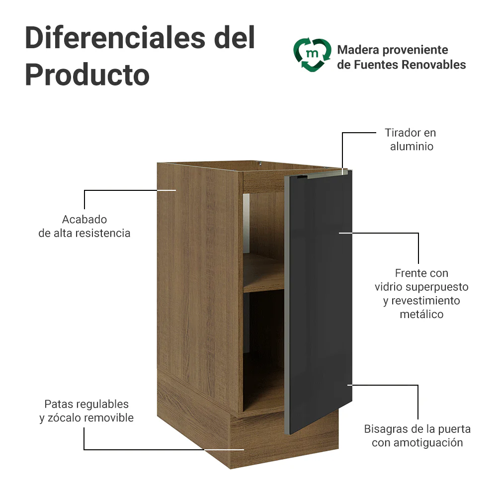 Bajo Mesada de Cocina 35 cm 1 Puerta (Sin Mesada) Marrón/Negro Lux Madesa - Image 3