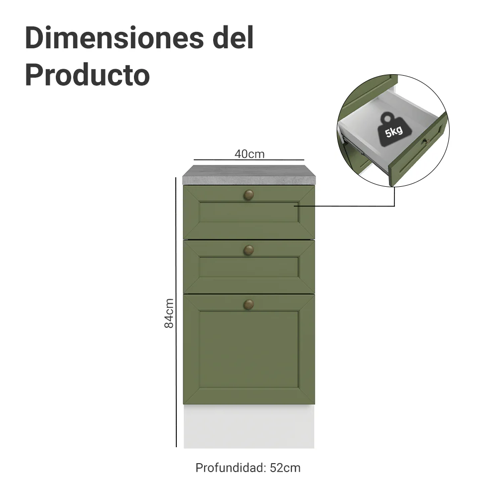 Bajo Mesada de Cocina 40 cm 3 Cajones Blanco/Verde Vik Madesa - Image 2
