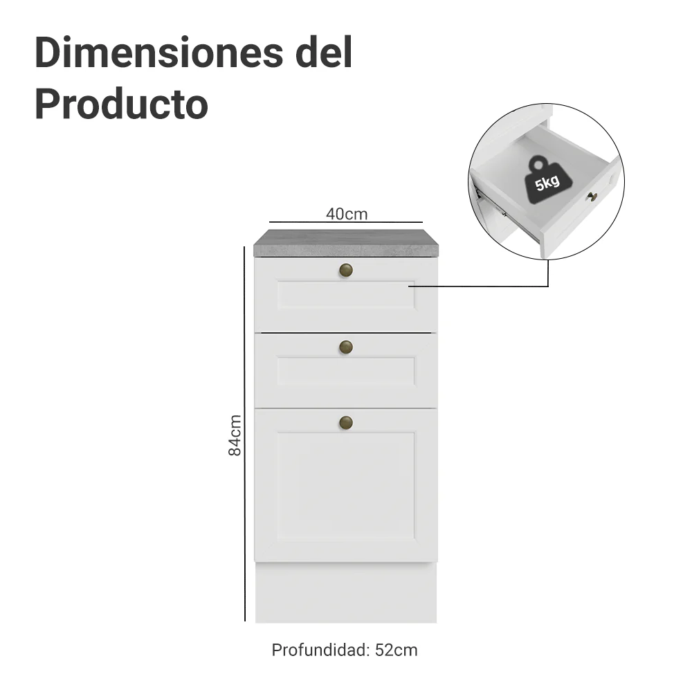 Bajo Mesada de Cocina 40 cm 3 Cajones Blanco Vik Madesa - Image 2