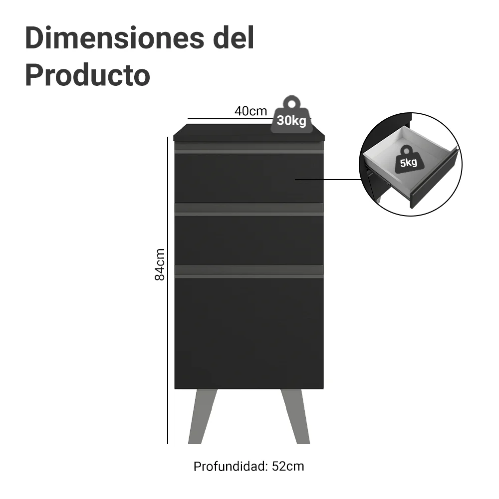 Bajo Mesada de Cocina 40 cm 3 Cajones con Patas Negro Nice Madesa - Image 2