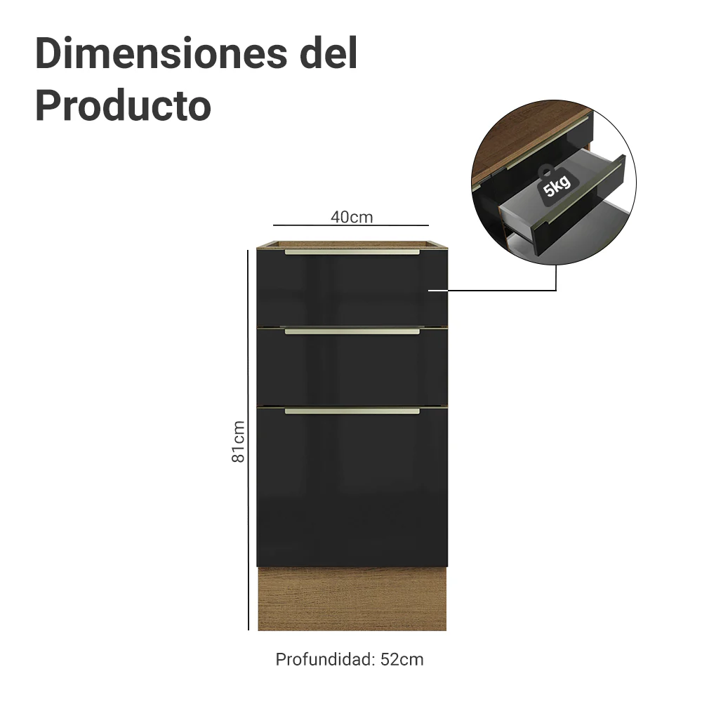 Bajo Mesada de Cocina 40 cm 3 Cajones (Sin Mesada) Marrón/Negro Lux Madesa - Image 2