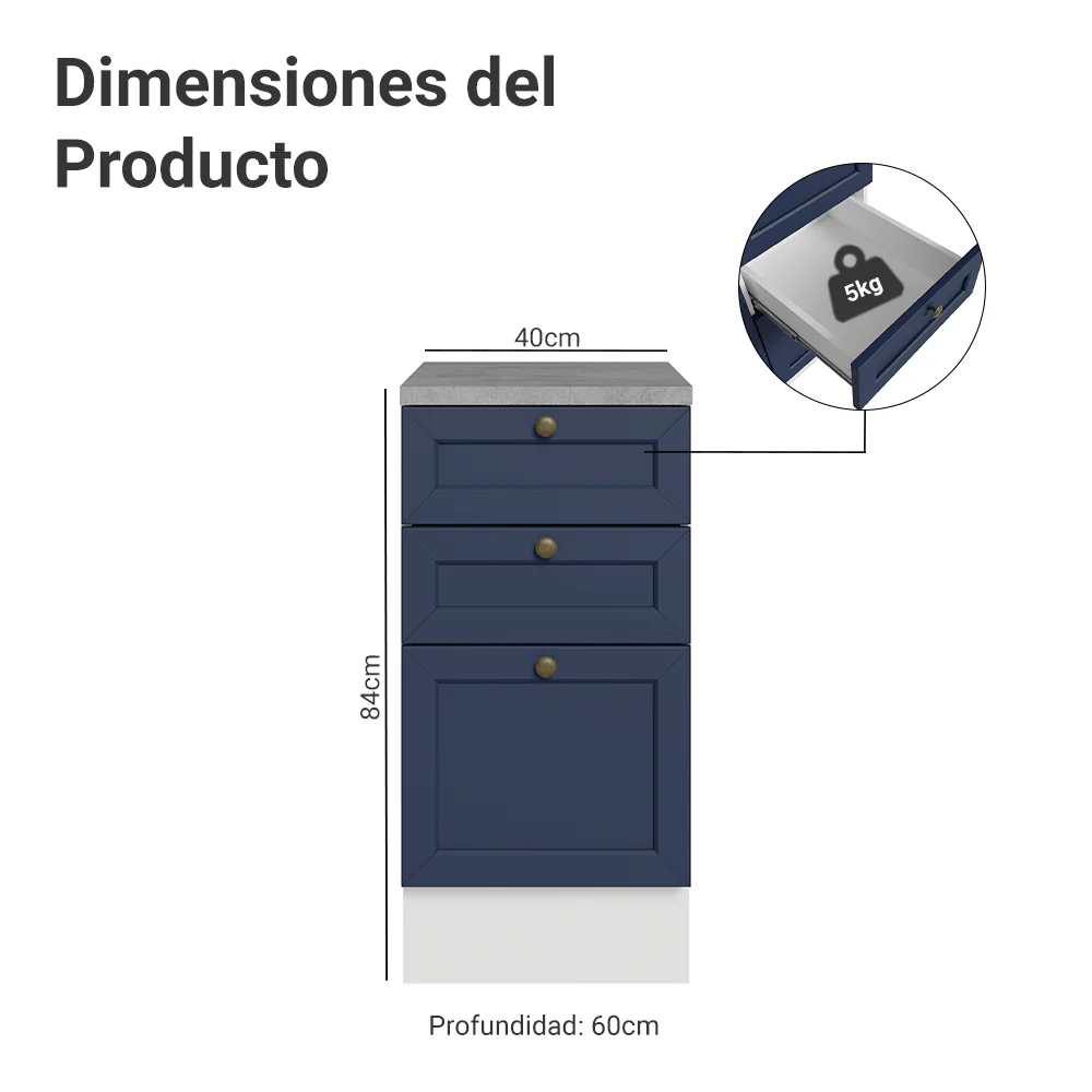 Bajo Mesada de Cocina 40 x 60 cm 3 Cajones (con Mesada) Blanco/Azul Vik Madesa - Image 2