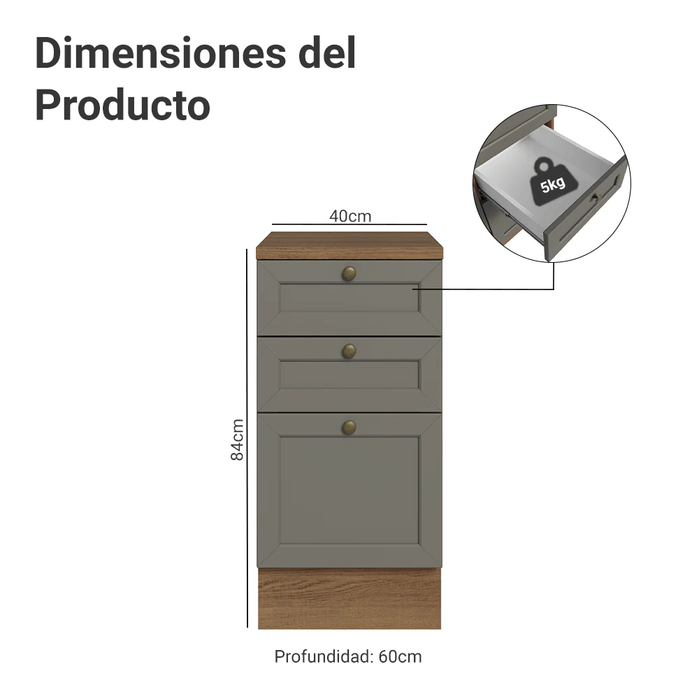 Bajo Mesada de Cocina 40 x 60 cm 3 Cajones (con Mesada) Marrón/Gris Vik Madesa - Image 2