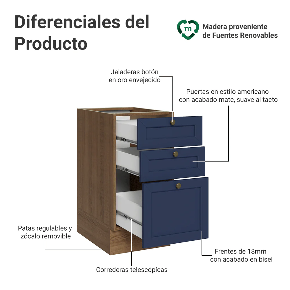Bajo Mesada de Cocina 40 x 60 cm 3 Cajones (Sin Mesada) Marrón/Azul Vik Madesa - Image 3