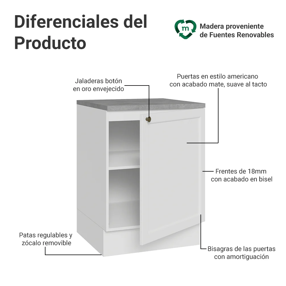 Bajo Mesada de Cocina 60 cm 1 Puerta Blanco Vik Madesa - Image 3