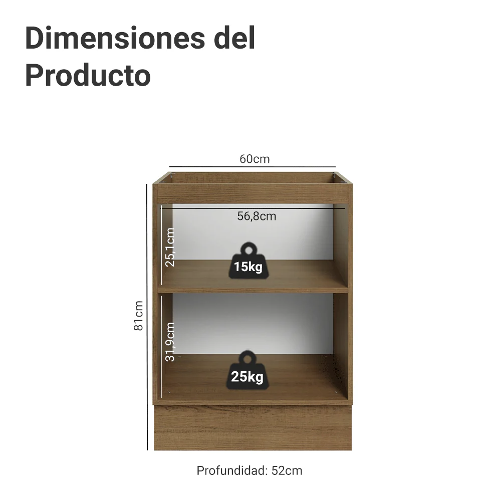 Bajo Mesada de Cocina 60 cm 1 Puerta (Sin Mesada) Marrón/Negro Lux Madesa - Image 2