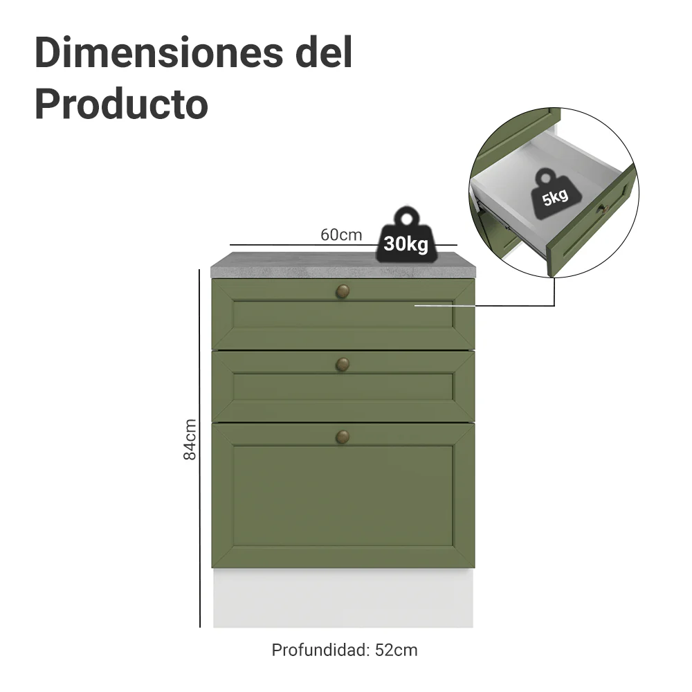 Bajo Mesada de Cocina 60 cm 3 Cajones Blanco/Verde Vik Madesa - Image 2