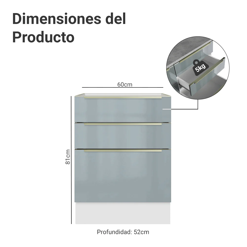Bajo Mesada de Cocina 60 cm 3 Cajones (Sin Mesada) Blanco/Gris Lux Madesa - Image 2