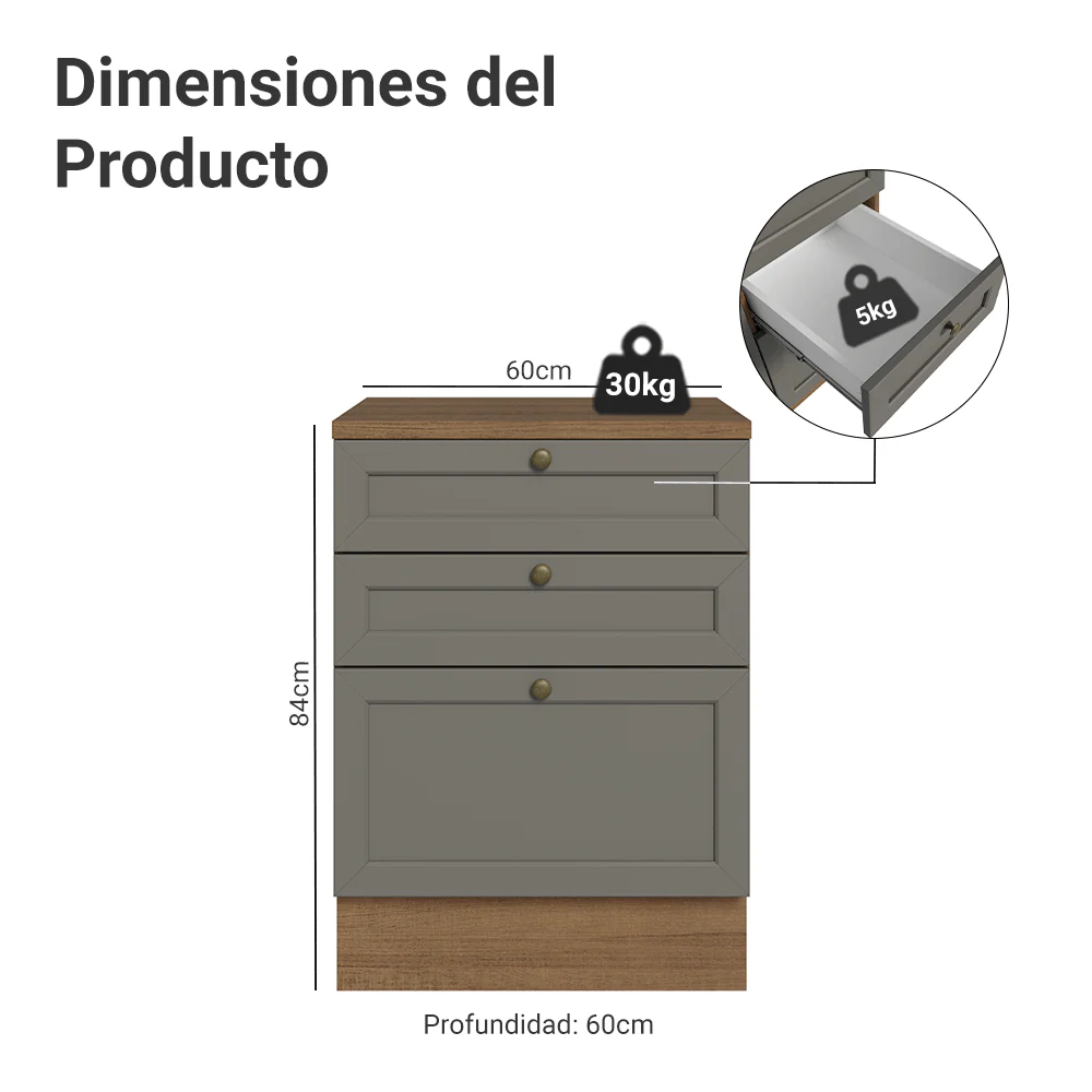 Bajo Mesada de Cocina 60 x 60 cm 3 Cajones (con Mesada) Marrón/Gris Vik Madesa - Image 2