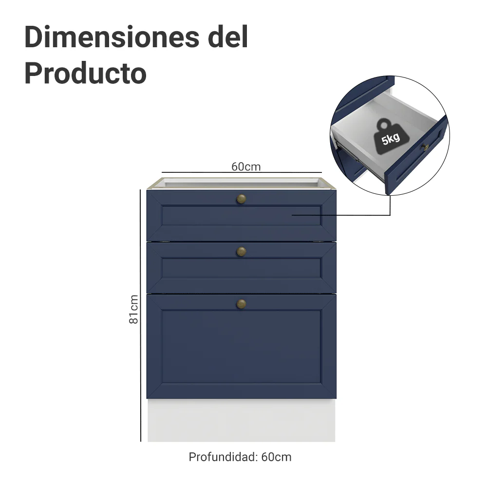 Bajo Mesada de Cocina 60 x 60 cm 3 Cajones (Sin Mesada) Blanco/Azul Vik Madesa - Image 2