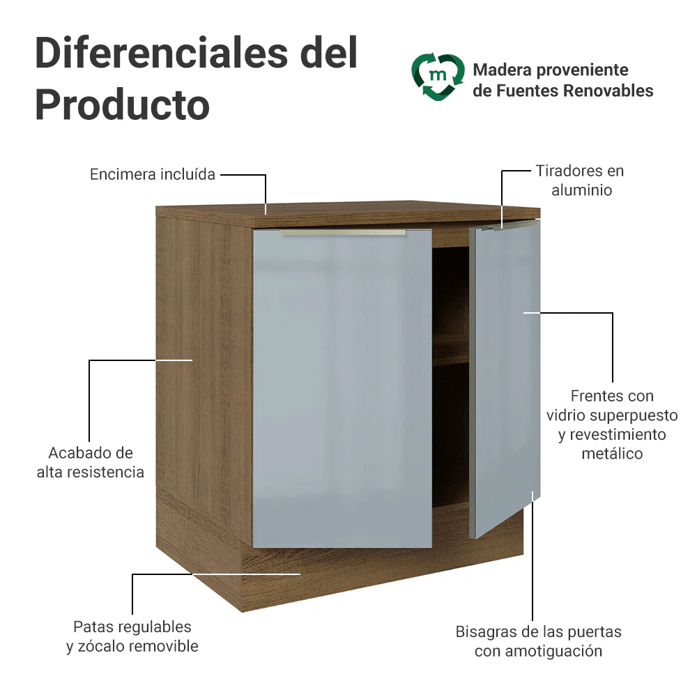 Bajo Mesada de Cocina 70 cm 2 Puetas Marrón/Gris Lux Madesa - Image 3